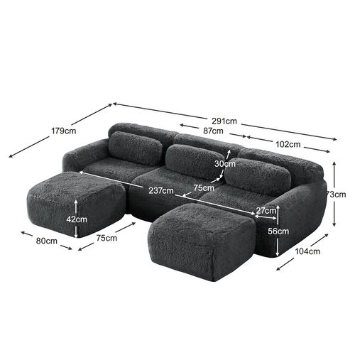 Canapé Modulable, 3 Places, Sans Assemblage Requis, Revêtement En Tissu Effet Fausse Fourrure, Gris
