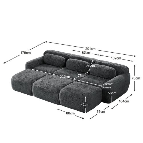 Canapé Modulable, 3 Places, Sans Assemblage Requis, Revêtement En Tissu Effet Fausse Fourrure, Gris