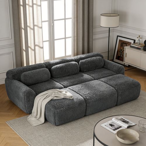 Canapé Modulable, 3 Places, Sans Assemblage Requis, Revêtement En Tissu Effet Fausse Fourrure, Gris