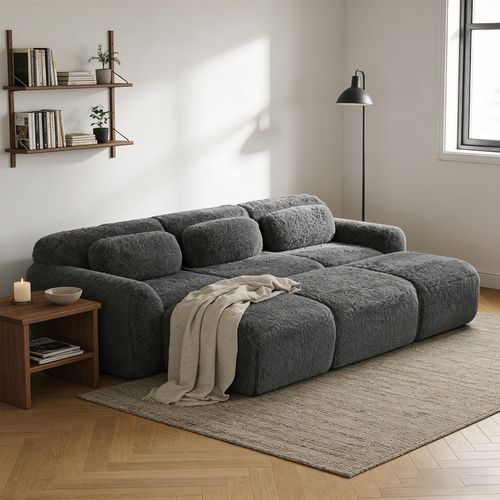 Canapé Modulable, 3 Places, Sans Assemblage Requis, Revêtement En Tissu Effet Fausse Fourrure, Gris