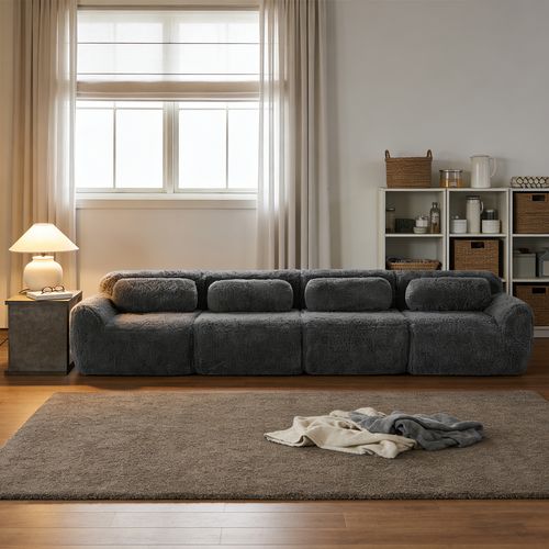Canapé Modulable, 4 Places, Sans Assemblage Requis, Revêtement En Tissu Effet Fausse Fourrure, Gris