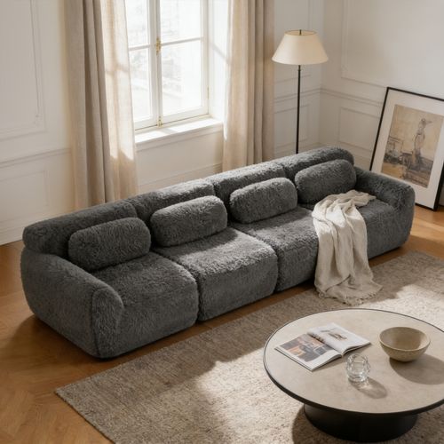 Canapé Modulable, 4 Places, Sans Assemblage Requis, Revêtement En Tissu Effet Fausse Fourrure, Gris