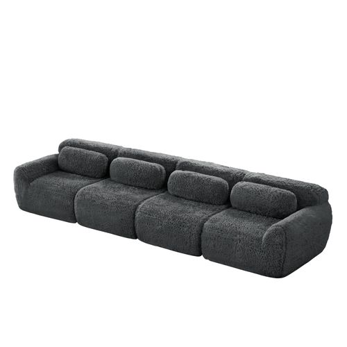 Canapé Modulable, 4 Places, Sans Assemblage Requis, Revêtement En Tissu Effet Fausse Fourrure, Gris