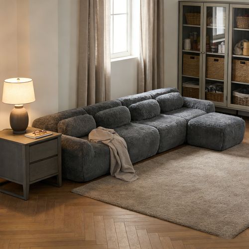 Canapé Modulable, 4 Places, Sans Assemblage Requis, Revêtement En Tissu Effet Fausse Fourrure, Gris