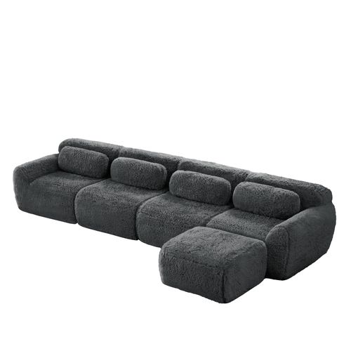 Canapé Modulable, 4 Places, Sans Assemblage Requis, Revêtement En Tissu Effet Fausse Fourrure, Gris