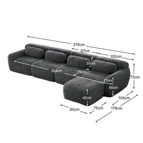 Canapé Modulable, 4 Places, Sans Assemblage Requis, Revêtement En Tissu Effet Fausse Fourrure, Gris