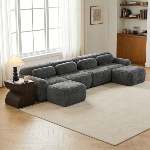 Canapé Modulable, 4 Places, Sans Assemblage Requis, Revêtement En Tissu Effet Fausse Fourrure, Gris