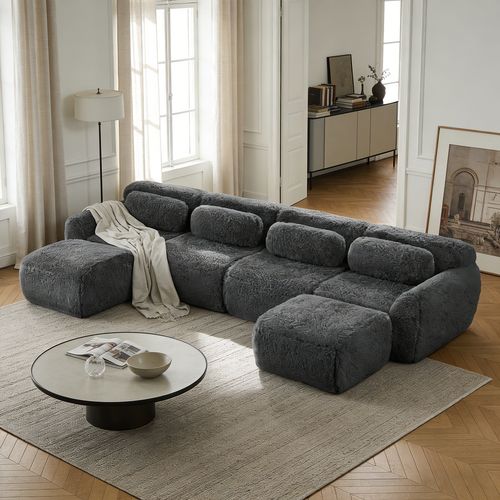 Canapé Modulable, 4 Places, Sans Assemblage Requis, Revêtement En Tissu Effet Fausse Fourrure, Gris