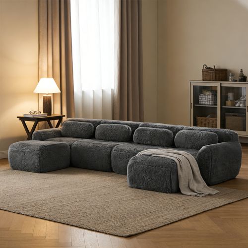 Canapé Modulable, 4 Places, Sans Assemblage Requis, Revêtement En Tissu Effet Fausse Fourrure, Gris