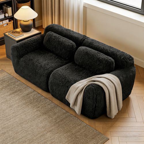 Canapé Modulable, 2 Places, Sans Assemblage Requis, Revêtement En Tissu Effet Fausse Fourrure, Noir