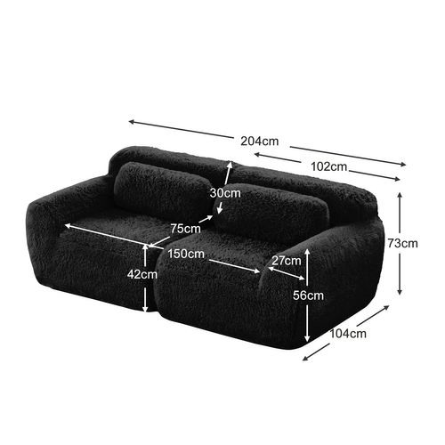 Canapé Modulable, 2 Places, Sans Assemblage Requis, Revêtement En Tissu Effet Fausse Fourrure, Noir