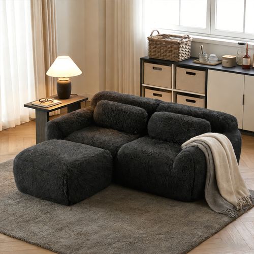 Canapé Modulable, 2 Places, Sans Assemblage Requis, Revêtement En Tissu Effet Fausse Fourrure, Noir