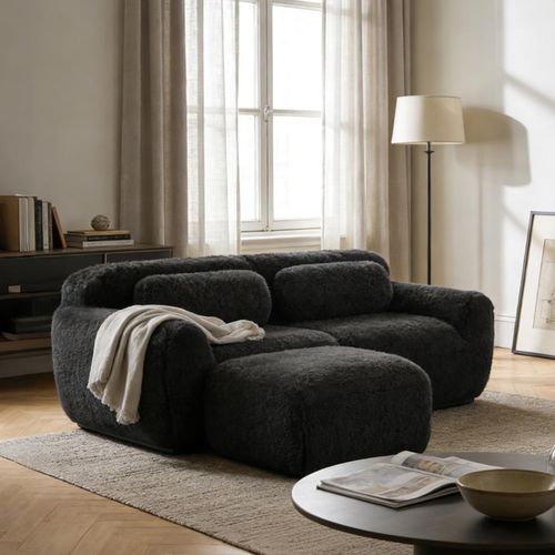 Canapé Modulable, 2 Places, Sans Assemblage Requis, Revêtement En Tissu Effet Fausse Fourrure, Noir