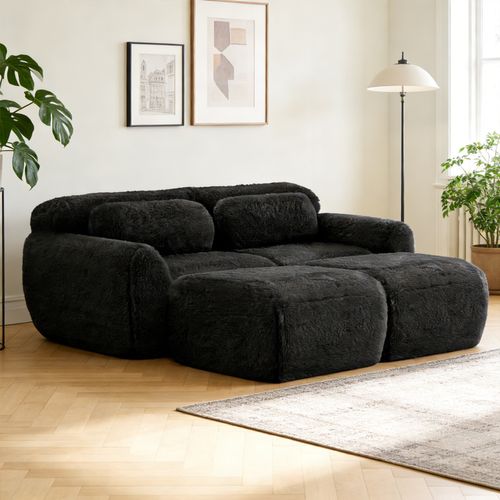 Canapé Modulable, 2 Places, Sans Assemblage Requis, Revêtement En Tissu Effet Fausse Fourrure, Noir