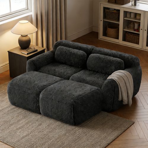 Canapé Modulable, 2 Places, Sans Assemblage Requis, Revêtement En Tissu Effet Fausse Fourrure, Noir