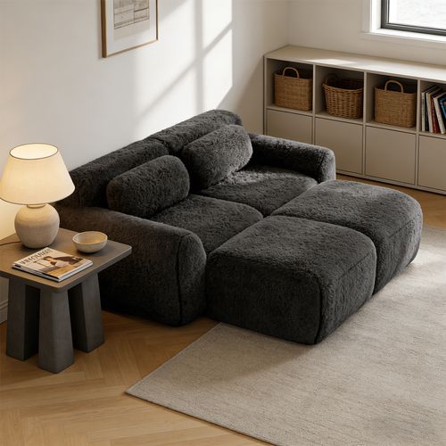 Canapé Modulable, 2 Places, Sans Assemblage Requis, Revêtement En Tissu Effet Fausse Fourrure, Noir