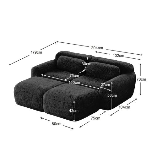 Canapé Modulable, 2 Places, Sans Assemblage Requis, Revêtement En Tissu Effet Fausse Fourrure, Noir