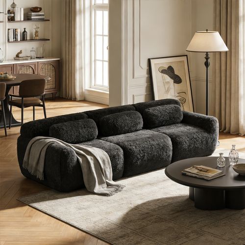 Canapé Modulable, 3 Places, Sans Assemblage Requis, Revêtement En Tissu Effet Fausse Fourrure, Noir