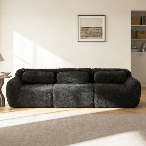 Canapé Modulable, 3 Places, Sans Assemblage Requis, Revêtement En Tissu Effet Fausse Fourrure, Noir