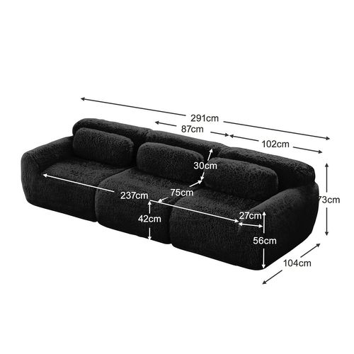 Canapé Modulable, 3 Places, Sans Assemblage Requis, Revêtement En Tissu Effet Fausse Fourrure, Noir