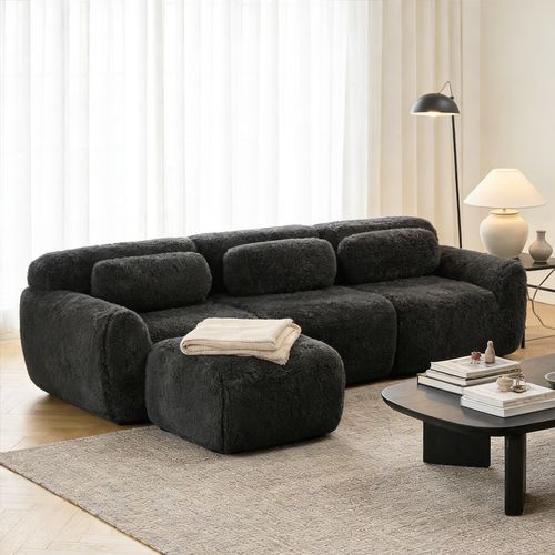 Canapé Modulable, 3 Places, Sans Assemblage Requis, Revêtement En Tissu Effet Fausse Fourrure, Noir