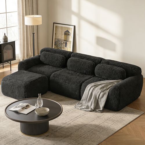 Canapé Modulable, 3 Places, Sans Assemblage Requis, Revêtement En Tissu Effet Fausse Fourrure, Noir