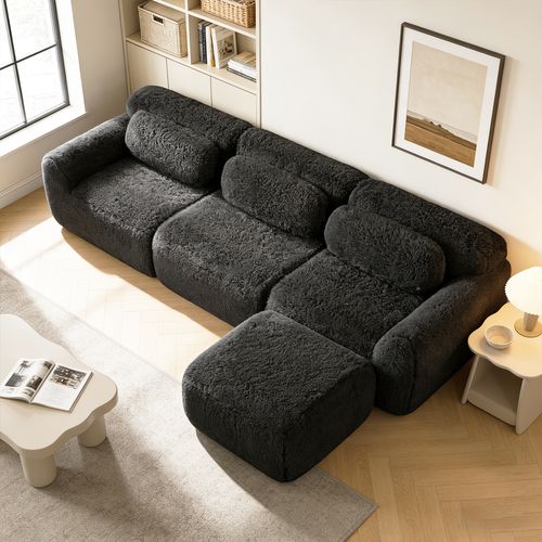 Canapé Modulable, 3 Places, Sans Assemblage Requis, Revêtement En Tissu Effet Fausse Fourrure, Noir