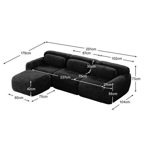 Canapé Modulable, 3 Places, Sans Assemblage Requis, Revêtement En Tissu Effet Fausse Fourrure, Noir