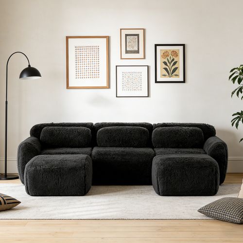 Canapé Modulable, 3 Places, Sans Assemblage Requis, Revêtement En Tissu Effet Fausse Fourrure, Noir