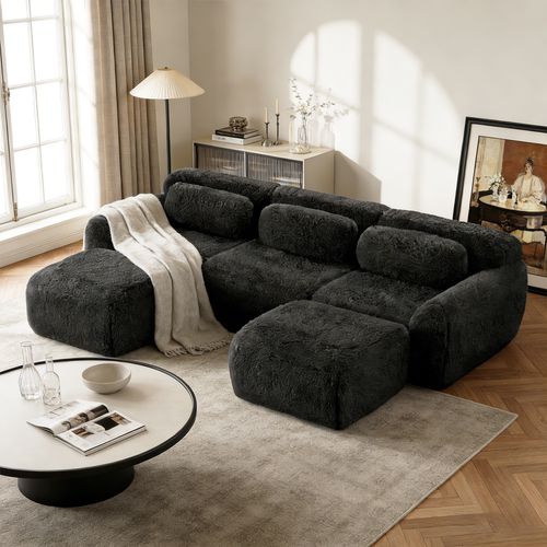 Canapé Modulable, 3 Places, Sans Assemblage Requis, Revêtement En Tissu Effet Fausse Fourrure, Noir