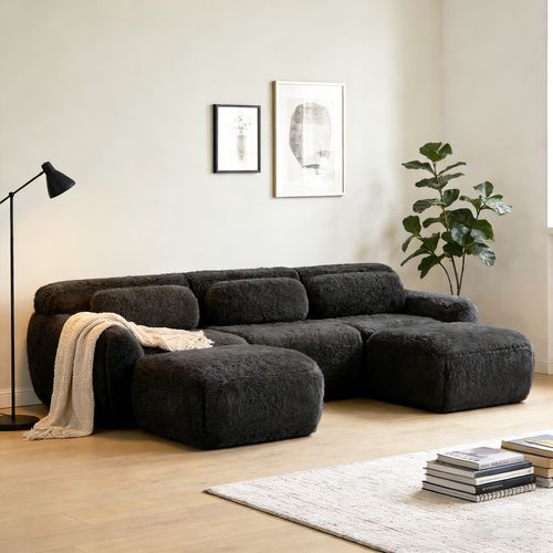 Canapé Modulable, 3 Places, Sans Assemblage Requis, Revêtement En Tissu Effet Fausse Fourrure, Noir