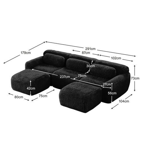 Canapé Modulable, 3 Places, Sans Assemblage Requis, Revêtement En Tissu Effet Fausse Fourrure, Noir