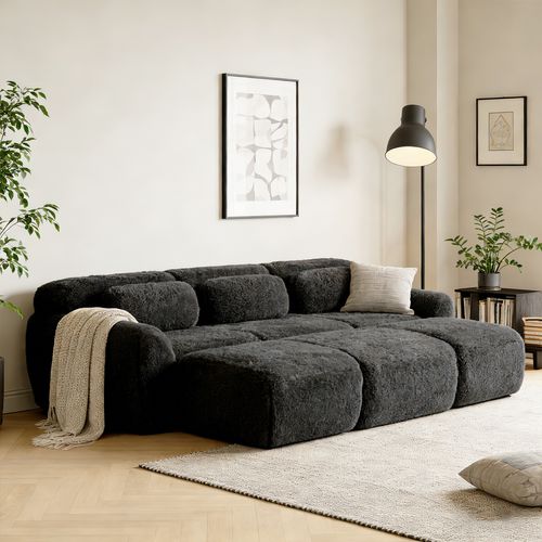 Canapé Modulable, 3 Places, Sans Assemblage Requis, Revêtement En Tissu Effet Fausse Fourrure, Noir