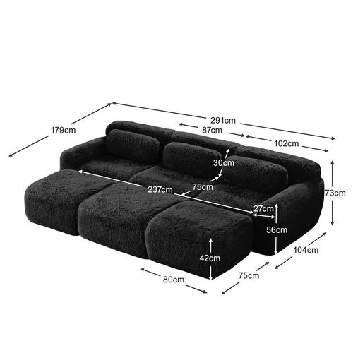 Canapé Modulable, 3 Places, Sans Assemblage Requis, Revêtement En Tissu Effet Fausse Fourrure, Noir