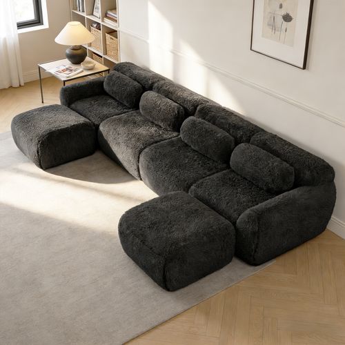 Canapé Modulable, 4 Places, Sans Assemblage Requis, Revêtement En Tissu Effet Fausse Fourrure, Noir