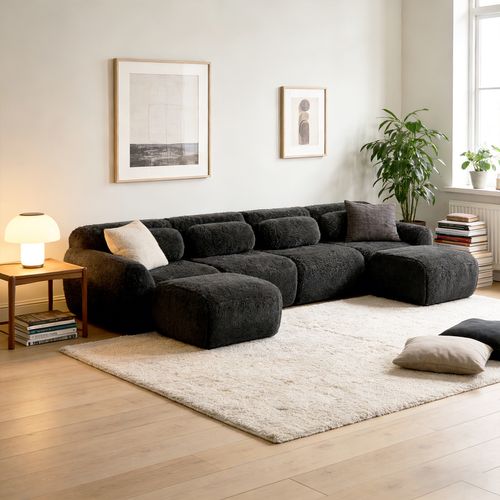 Canapé Modulable, 4 Places, Sans Assemblage Requis, Revêtement En Tissu Effet Fausse Fourrure, Noir