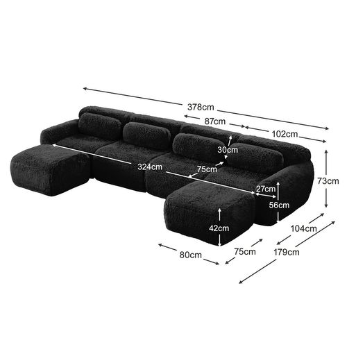 Canapé Modulable, 4 Places, Sans Assemblage Requis, Revêtement En Tissu Effet Fausse Fourrure, Noir