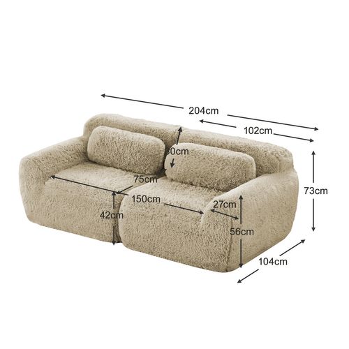Canapé Modulable, 2 Places, Sans Assemblage Requis, Revêtement En Tissu Effet Fausse Fourrure, Beige