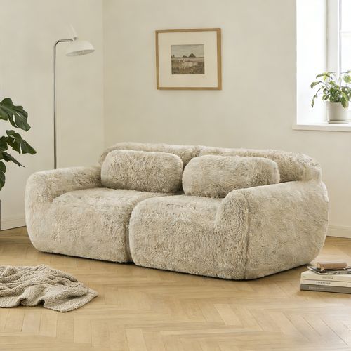 Canapé Modulable, 2 Places, Sans Assemblage Requis, Revêtement En Tissu Effet Fausse Fourrure, Beige
