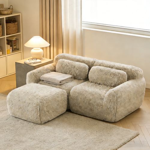 Canapé Modulable, 2 Places, Sans Assemblage Requis, Revêtement En Tissu Effet Fausse Fourrure, Beige