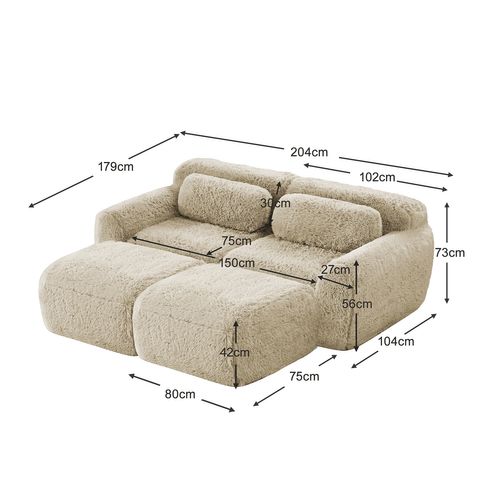 Canapé Modulable, 2 Places, Sans Assemblage Requis, Revêtement En Tissu Effet Fausse Fourrure, Beige