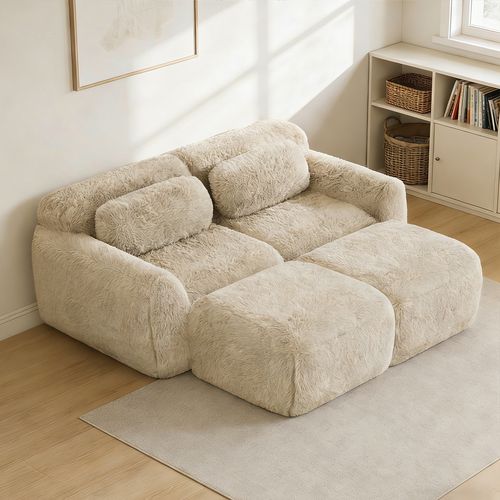 Canapé Modulable, 2 Places, Sans Assemblage Requis, Revêtement En Tissu Effet Fausse Fourrure, Beige