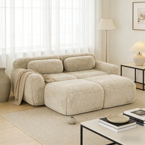 Canapé Modulable, 2 Places, Sans Assemblage Requis, Revêtement En Tissu Effet Fausse Fourrure, Beige