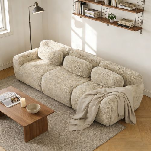 Canapé Modulable, 3 Places, Sans Assemblage Requis, Revêtement En Tissu Effet Fausse Fourrure, Beige