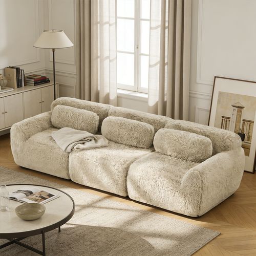 Canapé Modulable, 3 Places, Sans Assemblage Requis, Revêtement En Tissu Effet Fausse Fourrure, Beige