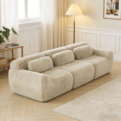 Canapé Modulable, 3 Places, Sans Assemblage Requis, Revêtement En Tissu Effet Fausse Fourrure, Beige