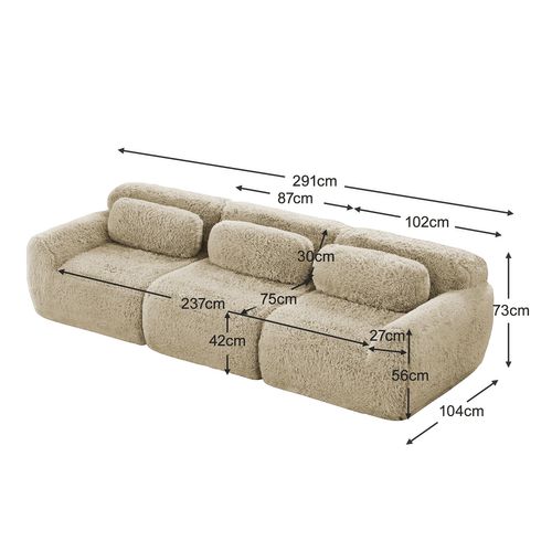 Canapé Modulable, 3 Places, Sans Assemblage Requis, Revêtement En Tissu Effet Fausse Fourrure, Beige