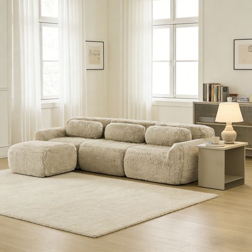 Canapé Modulable, 3 Places, Sans Assemblage Requis, Revêtement En Tissu Effet Fausse Fourrure, Beige