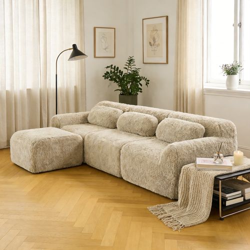 Canapé Modulable, 3 Places, Sans Assemblage Requis, Revêtement En Tissu Effet Fausse Fourrure, Beige