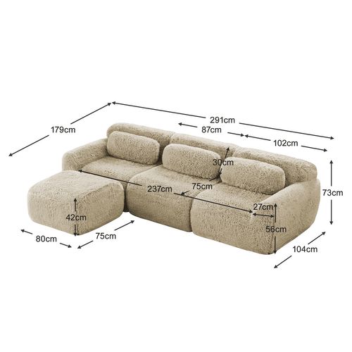 Canapé Modulable, 3 Places, Sans Assemblage Requis, Revêtement En Tissu Effet Fausse Fourrure, Beige